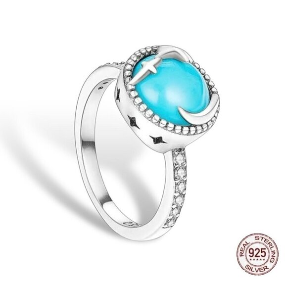 NWT Ring S925 Sterling Silver Stamped Star Moon CZ Turquoise Cabochon Sz. 7 - Picture 1 of 9